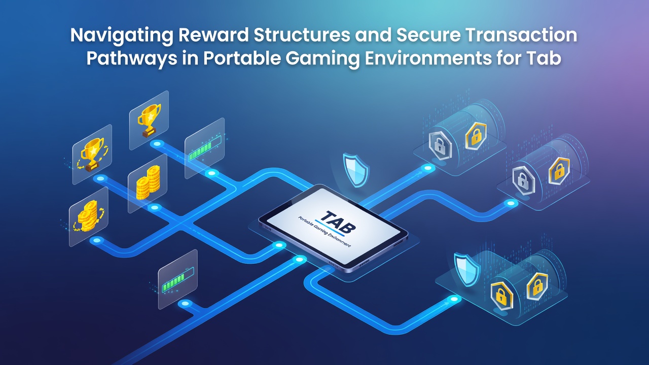 Secure transaction flow diagram on a tablet screen showing encrypted mobile payments for gaming rewards